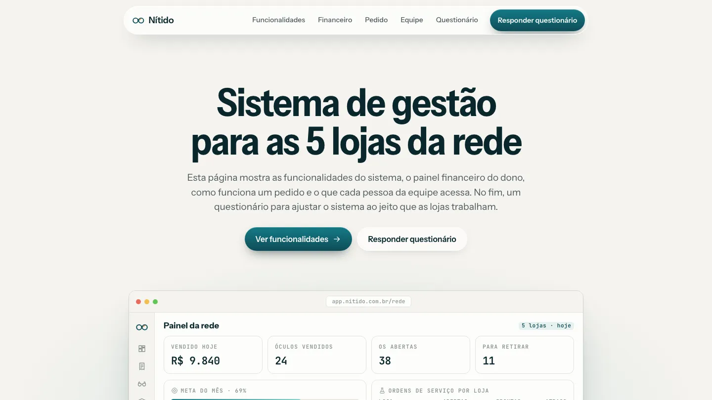 Tela inicial: Gestão para rede de óticas